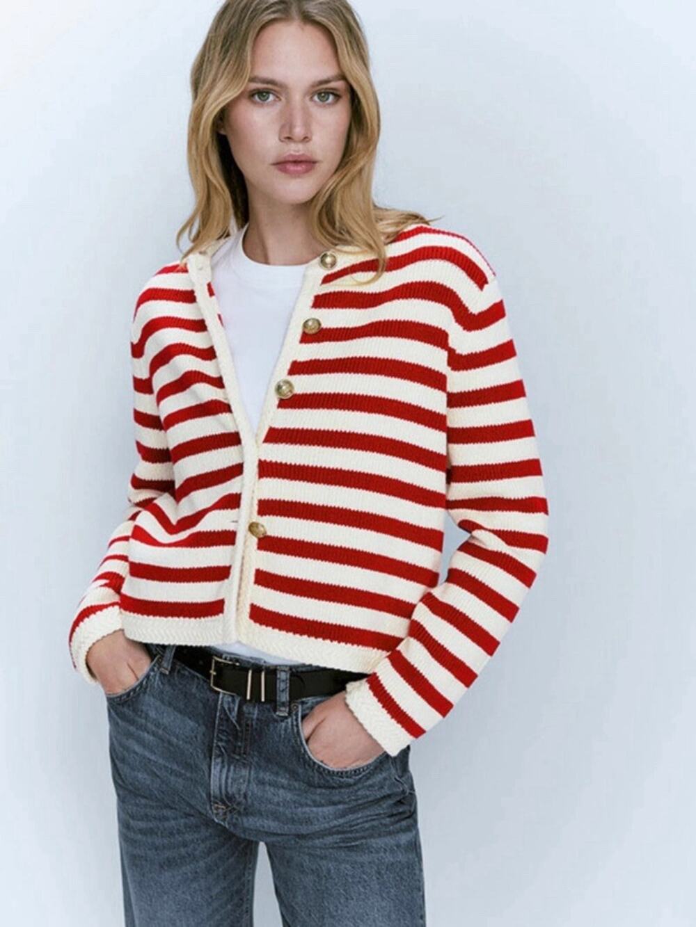 MASSIMO DUTTI striped knit cardigan Stripe gold buttons Red White CREAM M